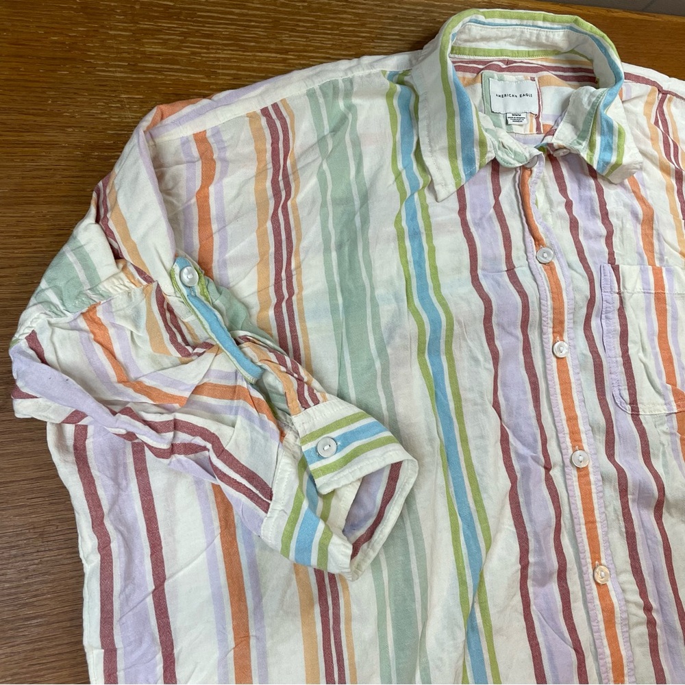 American Eagle Oversized Shirt Women's M Pastel Stripes Button Down Roll Sleeve - Picture 3 of 13